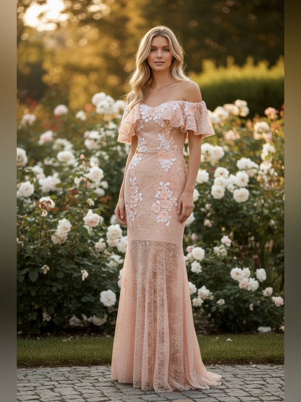 Costarellos Lace Tulle Ruffled Gown Dress Blush Pink Peach Off-Shoulder Size 8